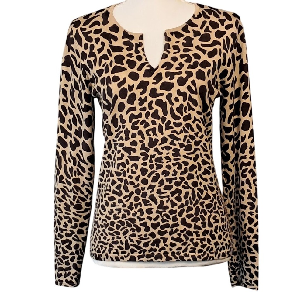 TALBOTS S Silk Blend Leopard Animal‎ Print Beige Top Long Sleeve V-Neck Stretch
